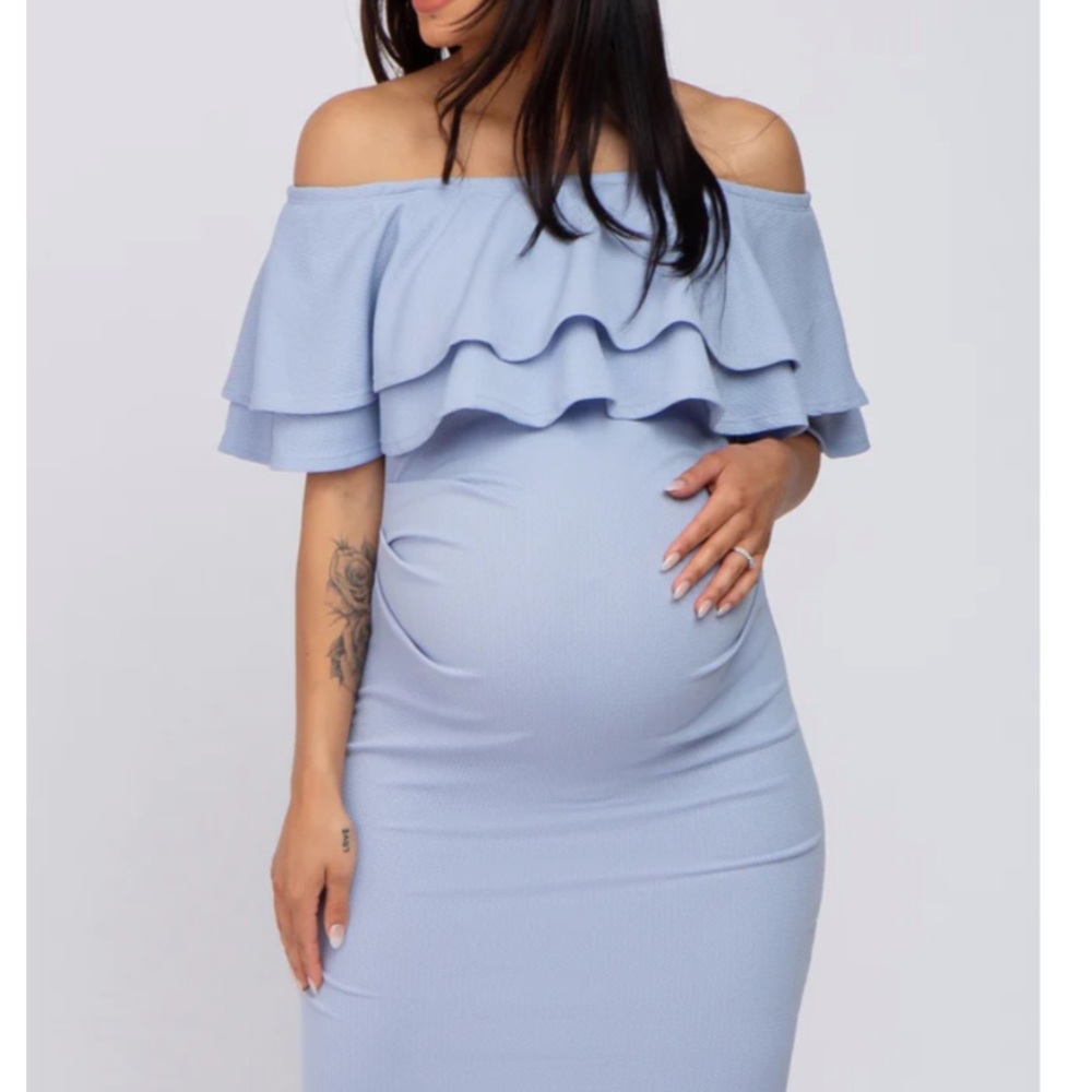 Light Blue Ruffle Off Shoulder Ruched Maternity Dress